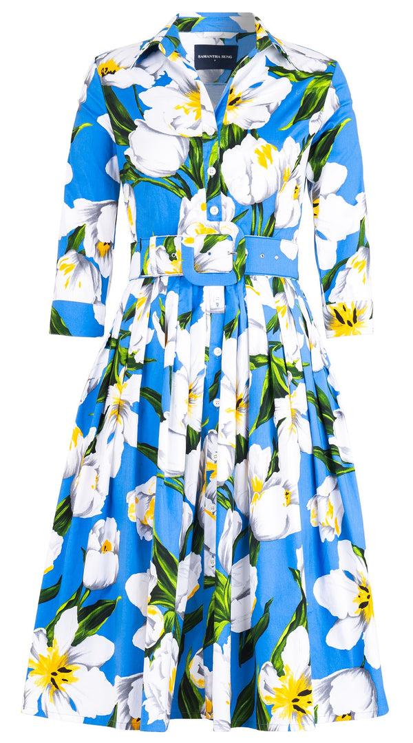 Samantha Sung Audrey Dress #2 Shirt Collar 3/4 Sleeve Long Length Cotton Stretch (Emperor Tulip Bright)