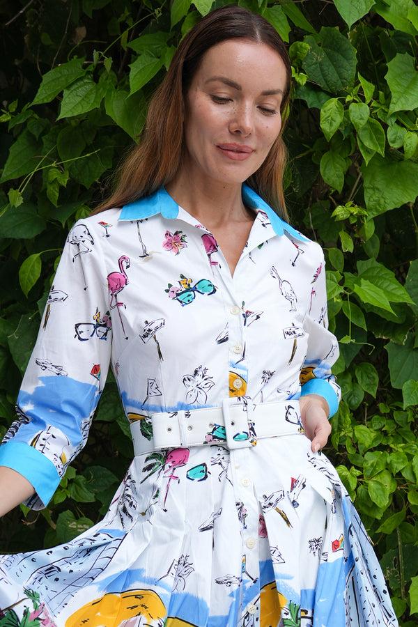 Samantha Sung Audrey Dress #2 Shirt Collar 3/4 Sleeve Long Length Cotton Stretch (Monaco White)