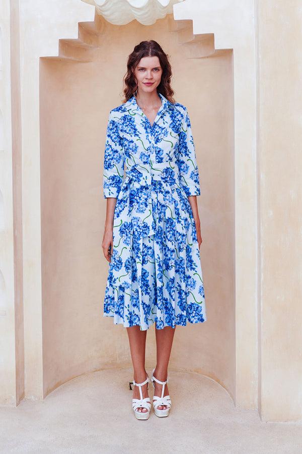 samantha sung Audrey Dress #2 Shirt Collar 3/4 Sleeve Long Length Cotton Stretch (Lilac Bunch Large Pastel)