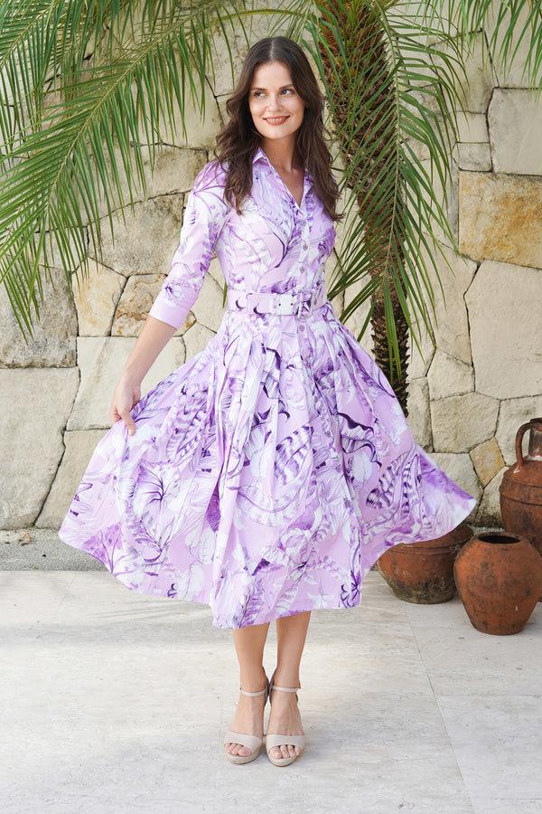 samantha sung Audrey Dress #2 Shirt Collar 3/4 Sleeve Midi Length Cotton Stretch (Botanic Santuary Pastel)