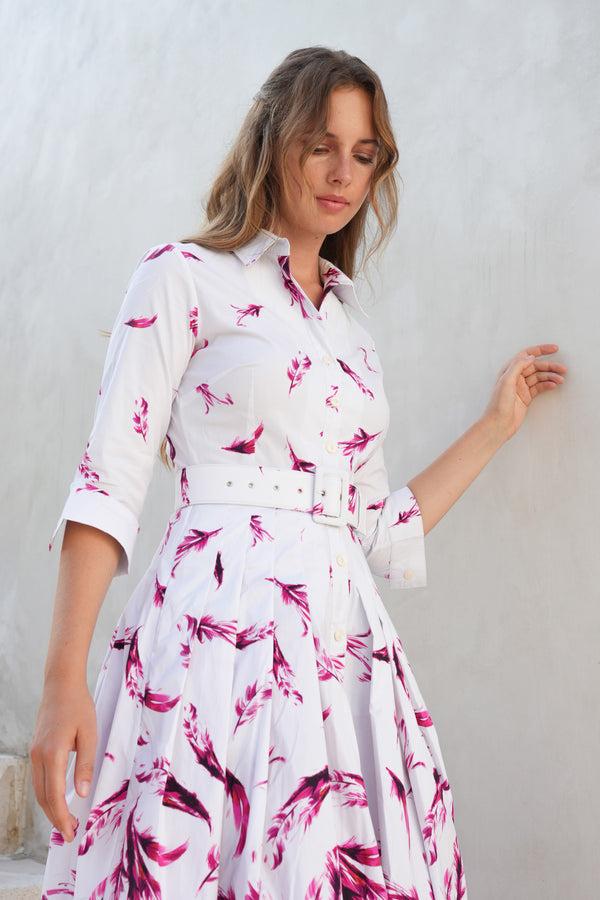 Samantha Sung Audrey Dress #2 Shirt Collar 3/4 Sleeve Midi Length Cotton Stretch (Feather Cascade White)