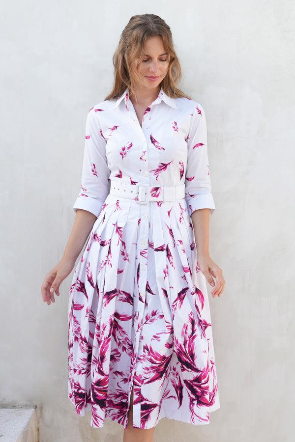 samantha sung Audrey Dress #2 Shirt Collar 3/4 Sleeve Midi Length Cotton Stretch (Feather Cascade White)