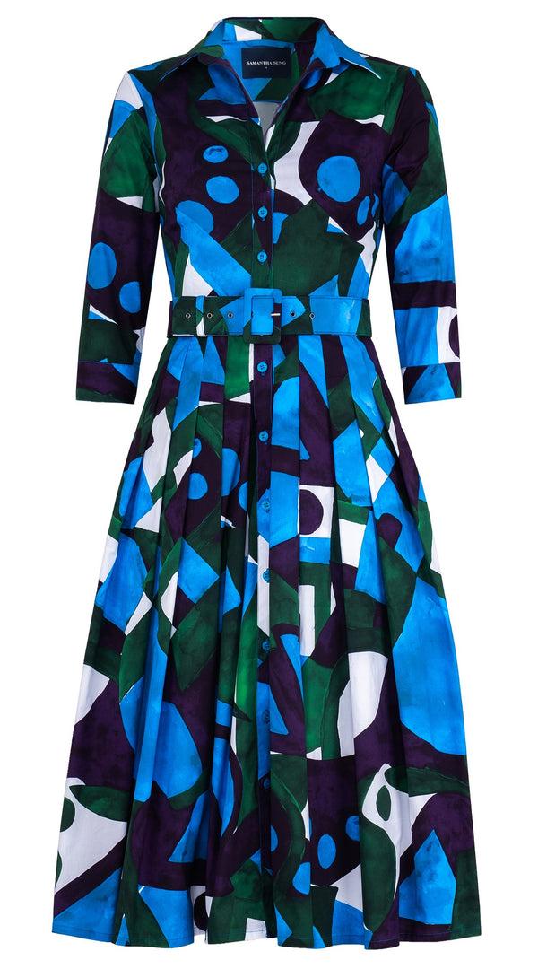 samantha sung Audrey Dress #2 Shirt Collar 3/4 Sleeve Midi Length Cotton Stretch (Morello Graphic Bright)
