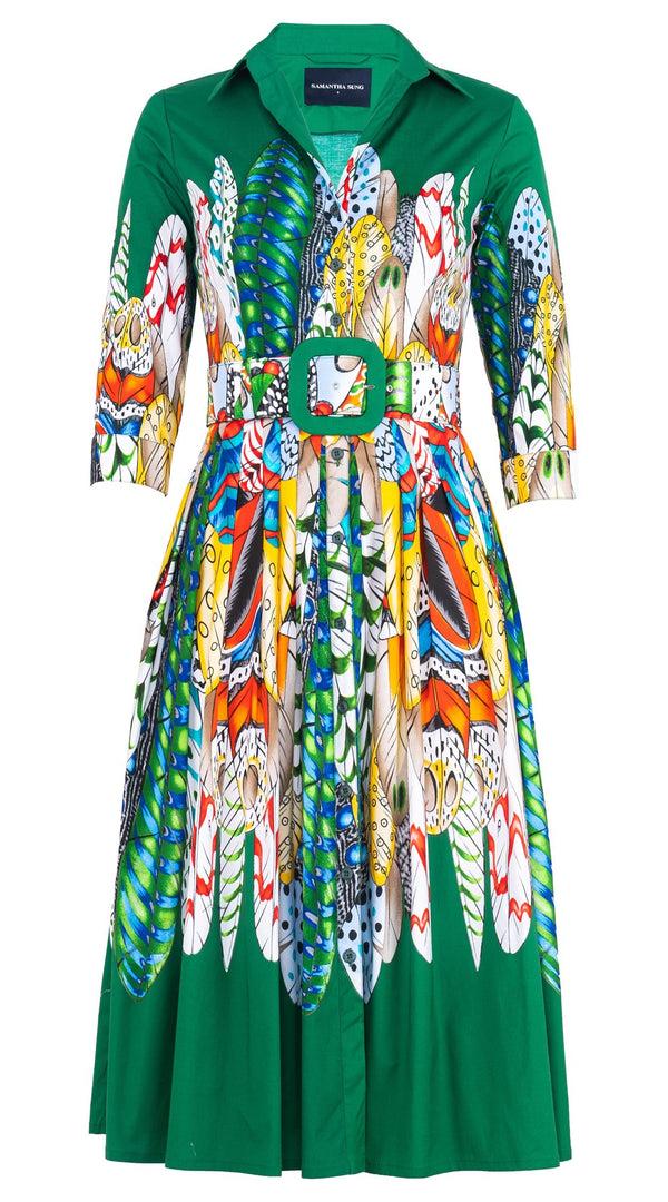 Samantha Sung Audrey Dress #2 Shirt Collar 3/4 Sleeve Midi Length Cotton Stretch (African Feather)