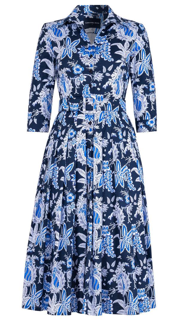 samantha sung Audrey Dress #2 Shirt Collar 3/4 Sleeve Midi Length Cotton Stretch (Botanic Antique Small Pastel)