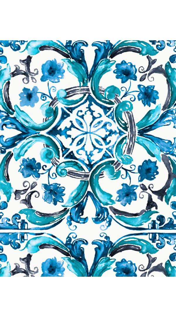 Samantha Sung Audrey Dress #2 Shirt Collar 3/4 Sleeve Midi Length Cotton Stretch (Caribbean Tile)