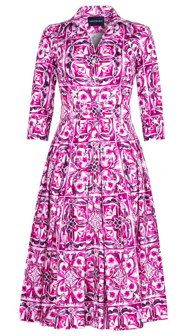 samantha sung Audrey Dress #2 Shirt Collar 3/4 Sleeve Midi Length Cotton Stretch (Caribbean Tile)