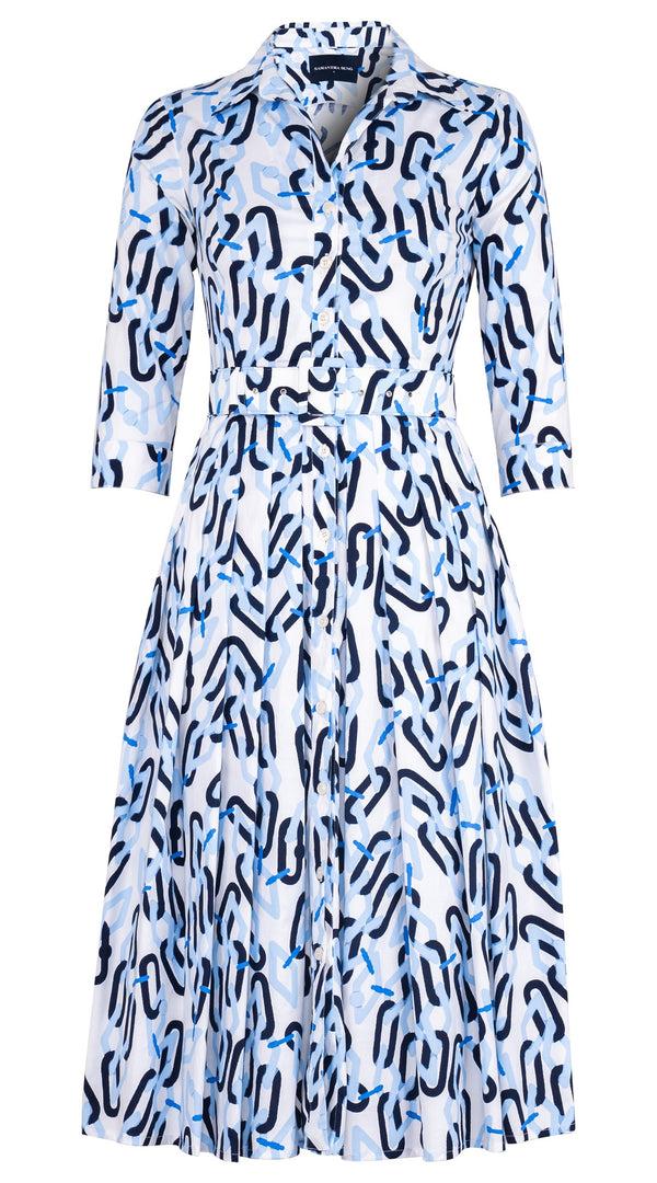 samantha sung Audrey Dress #2 Shirt Collar 3/4 Sleeve Midi Length Cotton Stretch (Multi Chain BIg White)