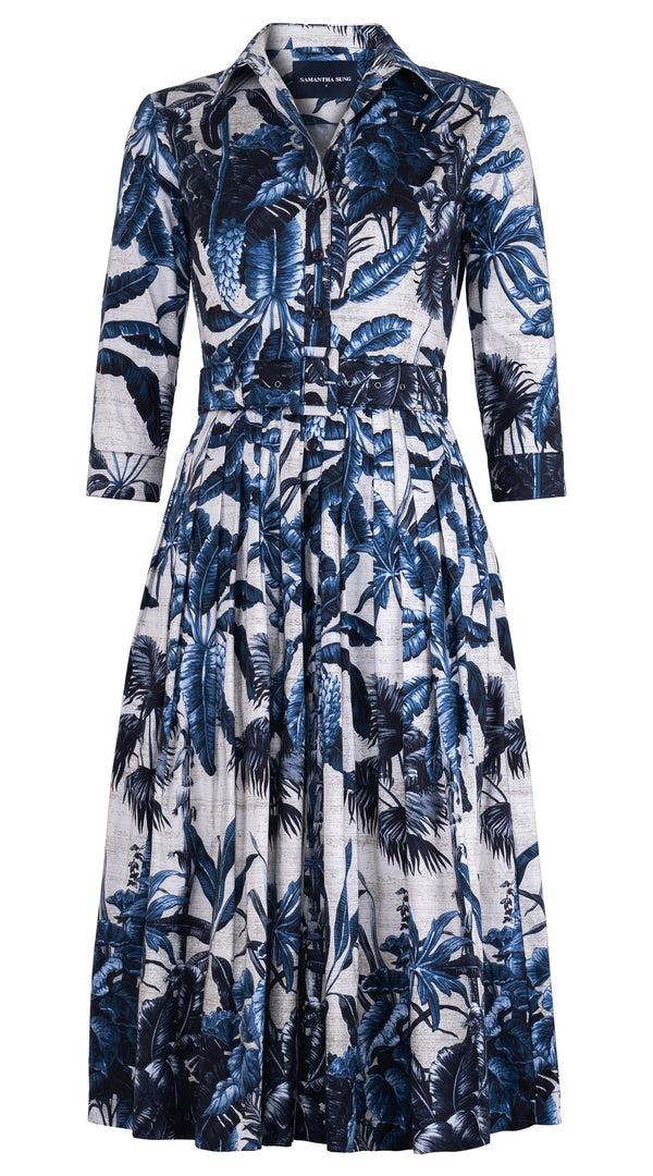 samantha sung Audrey Dress #2 Shirt Collar 3/4 Sleeve Midi Length Cotton Stretch (Vintage Palm Beige)