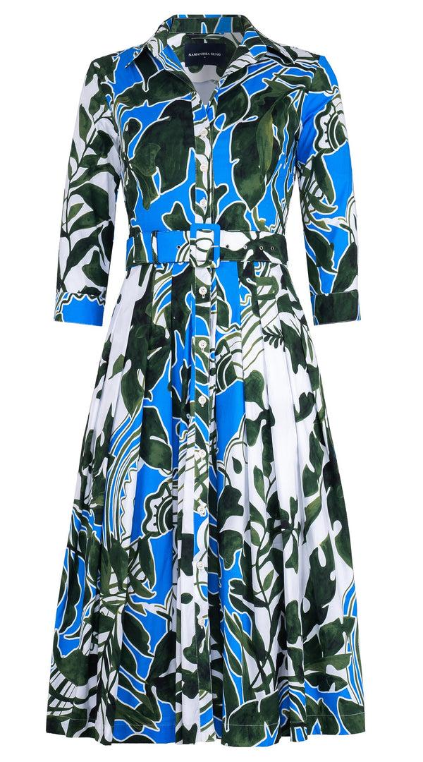 Samantha Sung Audrey Dress #2 Shirt Collar 3/4 Sleeve Midi Length Cotton Stretch (Como Lake Garden White)