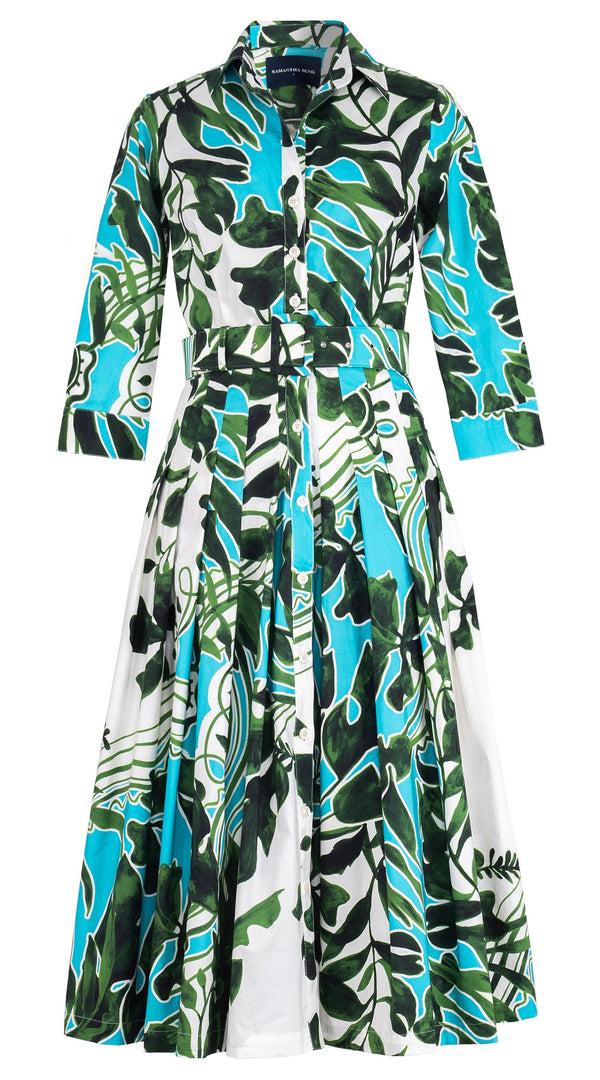samantha sung Audrey Dress #2 Shirt Collar 3/4 Sleeve Midi Length Cotton Stretch (Como Lake Garden White)