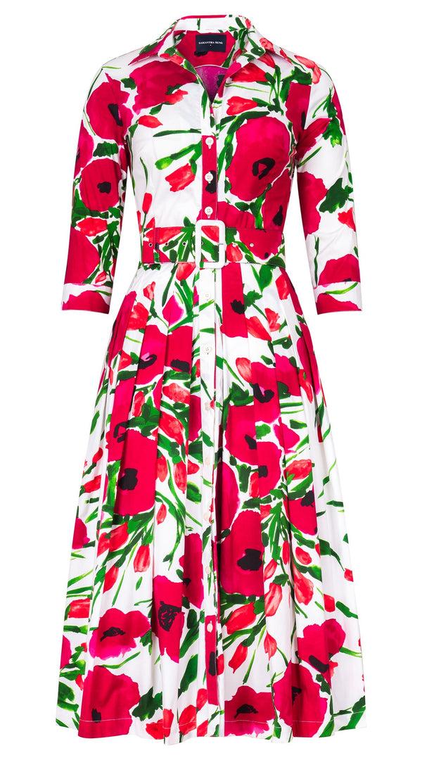 samantha sung Audrey Dress #2 Shirt Collar 3/4 Sleeve Midi Length Cotton Stretch (Fiori Poppy Big White)