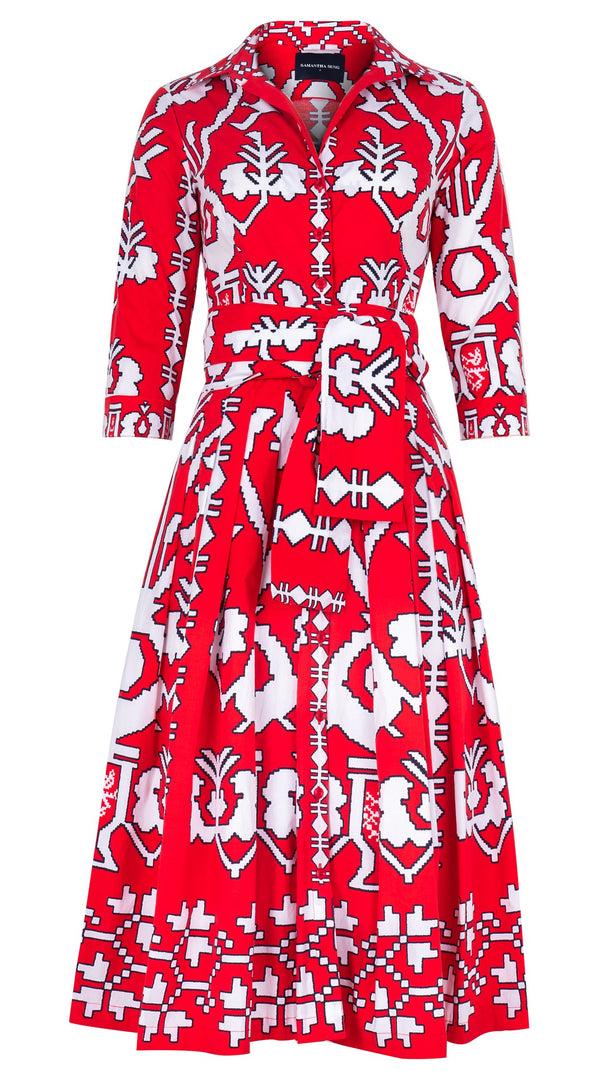 Samantha Sung Audrey Dress #2 Shirt Collar 3/4 Sleeve Midi Length Cotton Stretch (Kos Embroidery Ground)