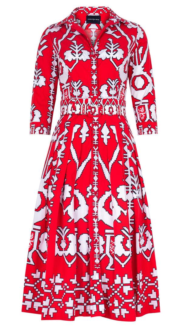 samantha sung Audrey Dress #2 Shirt Collar 3/4 Sleeve Midi Length Cotton Stretch (Kos Embroidery Ground)