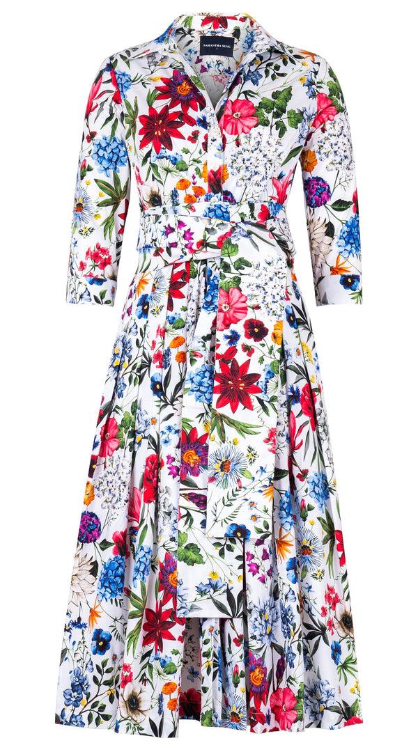 Samantha Sung Audrey Dress #2 Shirt Collar 3/4 Sleeve Midi Length Cotton Stretch (Multicolor Botanic Small)