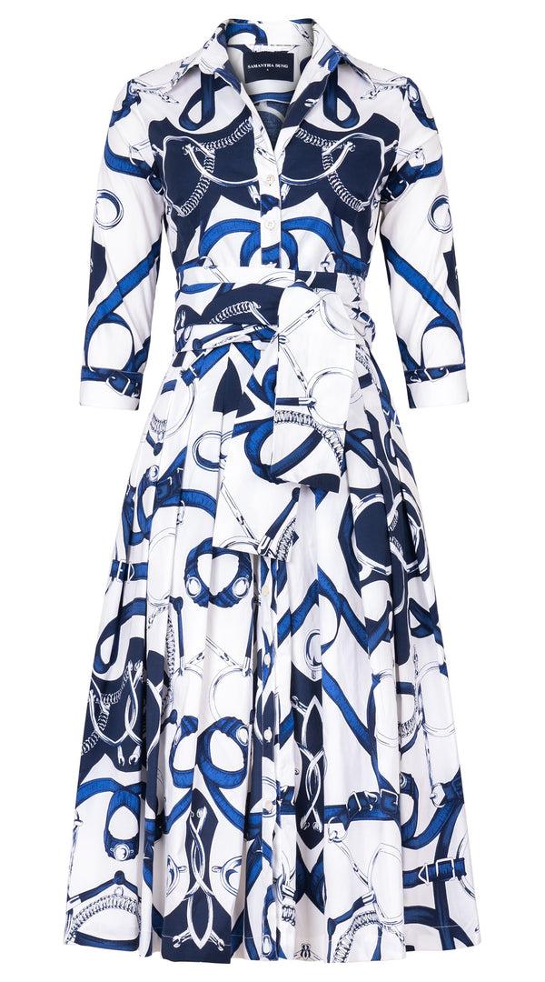 Samantha Sung Audrey Dress #2 Shirt Collar 3/4 Sleeve Midi Length Cotton Stretch (Secretariat Horse White Bright)