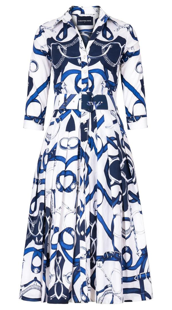 samantha sung Audrey Dress #2 Shirt Collar 3/4 Sleeve Midi Length Cotton Stretch (Secretariat Horse White Bright)