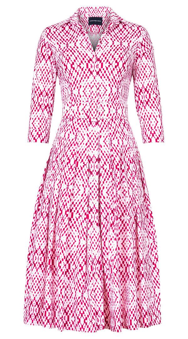 samantha sung Audrey Dress #2 Shirt Collar 3/4 Sleeve Midi Length Cotton Stretch (Shibori Nara Diamond)