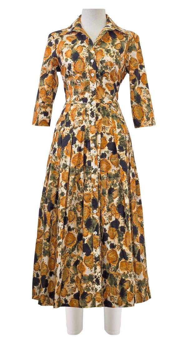 samantha sung Audrey Dress #2 Shirt Collar 3/4 Sleeve Midi Length Poplin Stretch (Animal Dots)