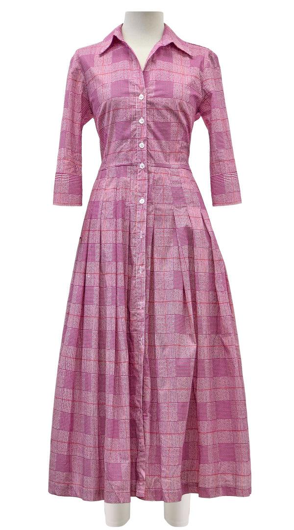 samantha sung Audrey Dress #2 Shirt Collar 3/4 Sleeve Midi Length Poplin Stretch (Savile Row Check Ivory)