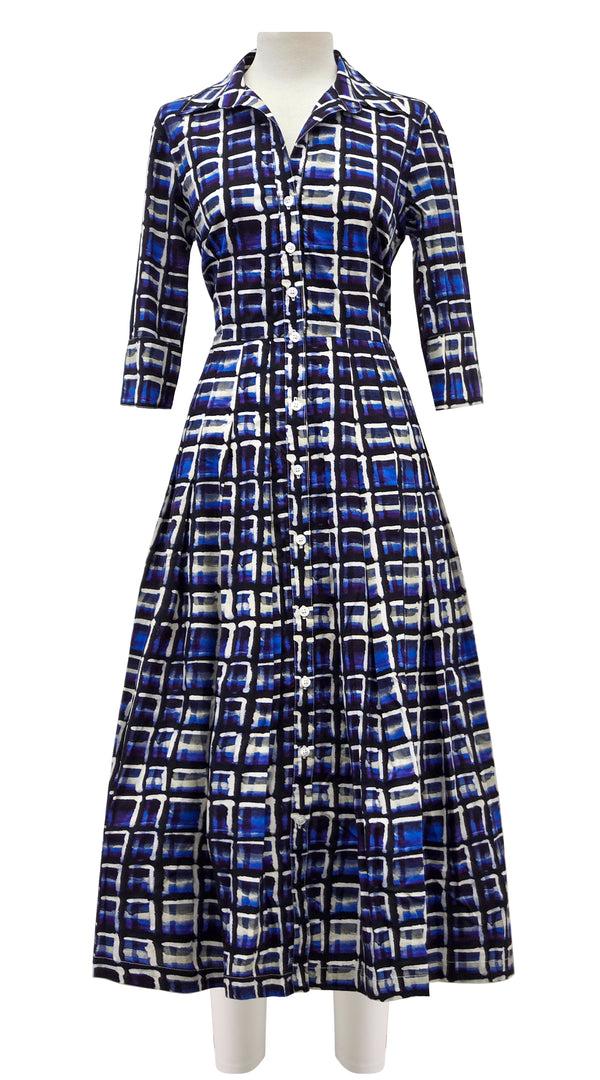 samantha sung Audrey Dress #2 Shirt Collar 3/4 Sleeve Midi Length Poplin Stretch (Watercolor Check)