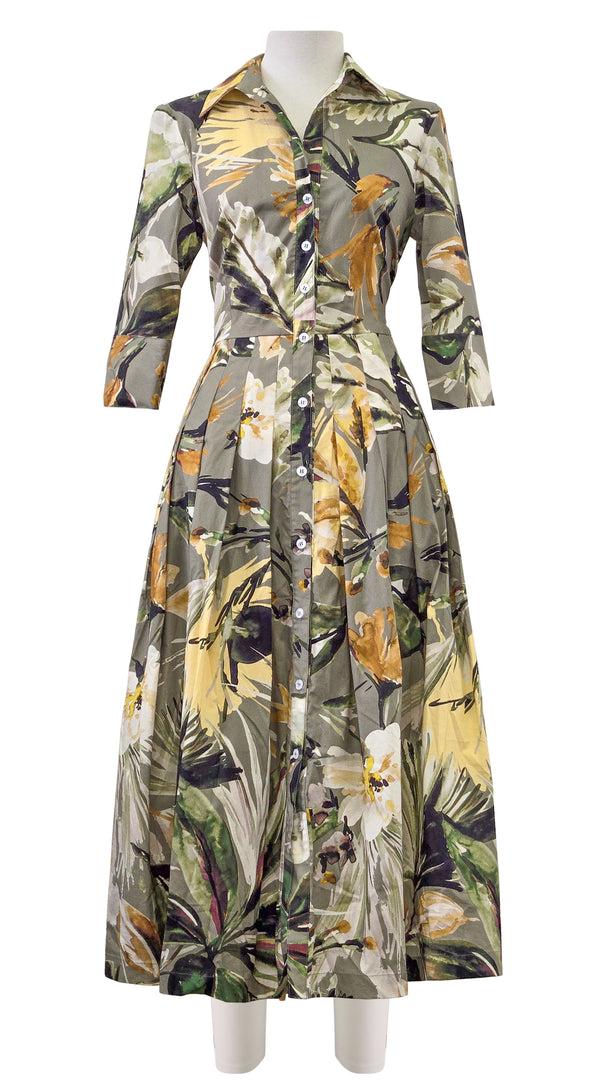 Samantha Sung Audrey Dress #2 Shirt Collar 3/4 Sleeve Midi Length Poplin Stretch (Mozambique Flower Multi)