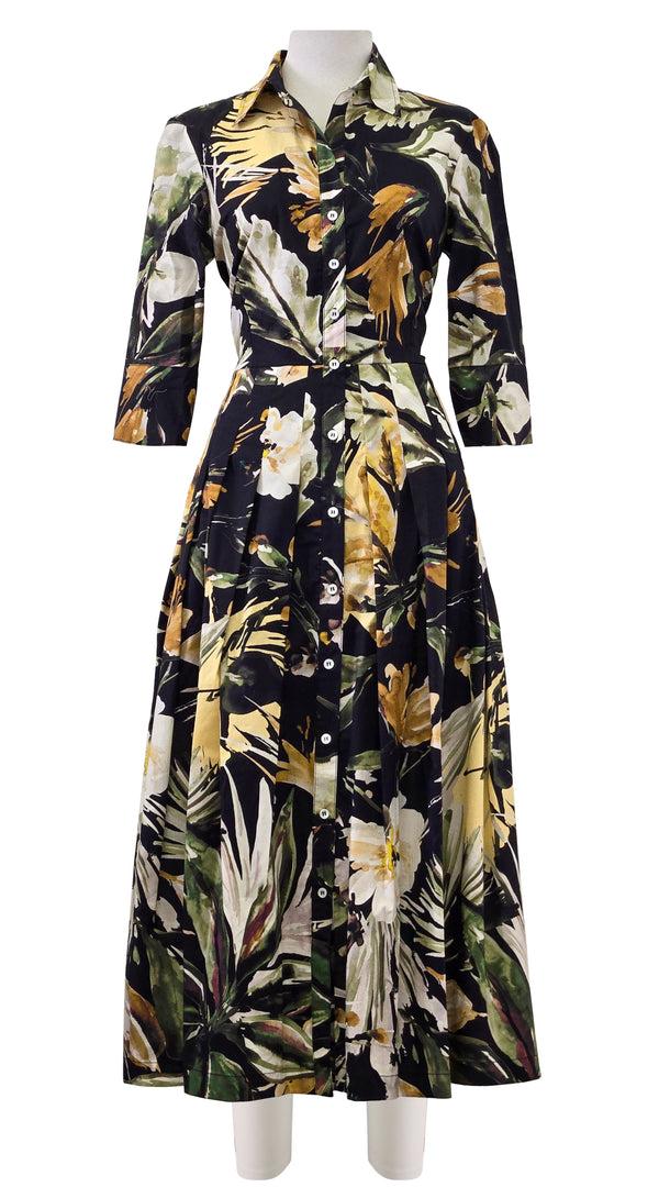 samantha sung Audrey Dress #2 Shirt Collar 3/4 Sleeve Midi Length Poplin Stretch (Mozambique Flower Multi)