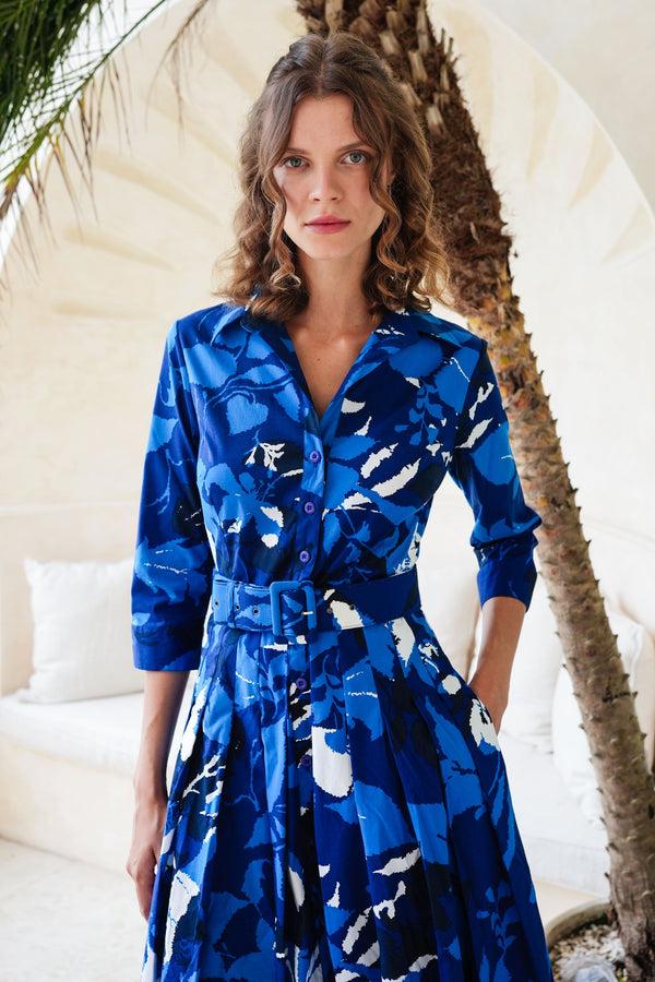 Samantha Sung Audrey Dress #2 Shirt Collar 3/4 Sleeve Midi Length Cotton Stretch (Genova Mono Flower White)