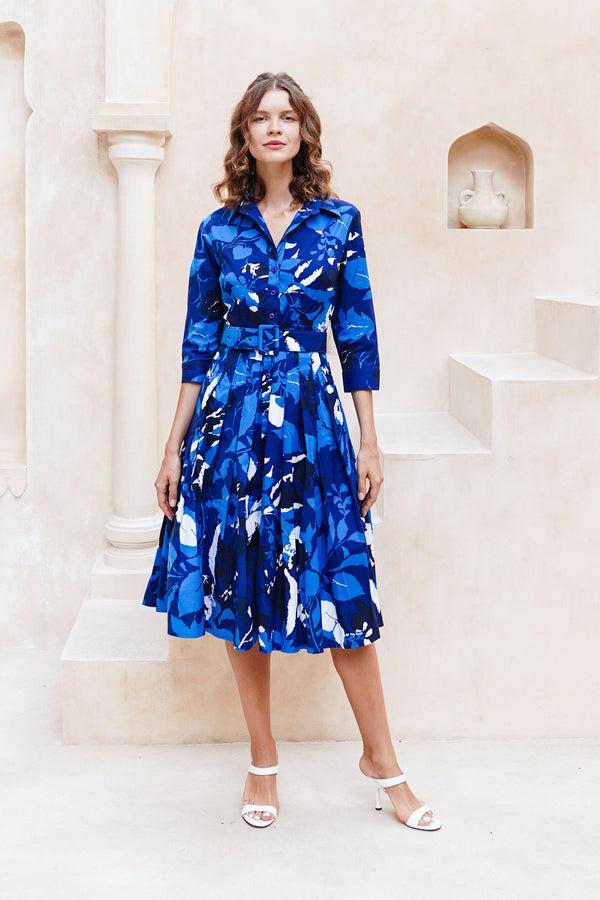 Samantha Sung Audrey Dress #2 Shirt Collar 3/4 Sleeve Midi Length Cotton Stretch (Genova Mono Flower White)