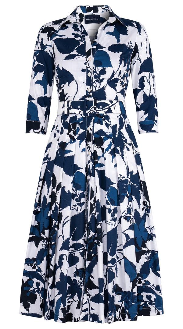 Samantha Sung Audrey Dress #2 Shirt Collar 3/4 Sleeve Midi Length Cotton Stretch (Genova Mono Flower White)