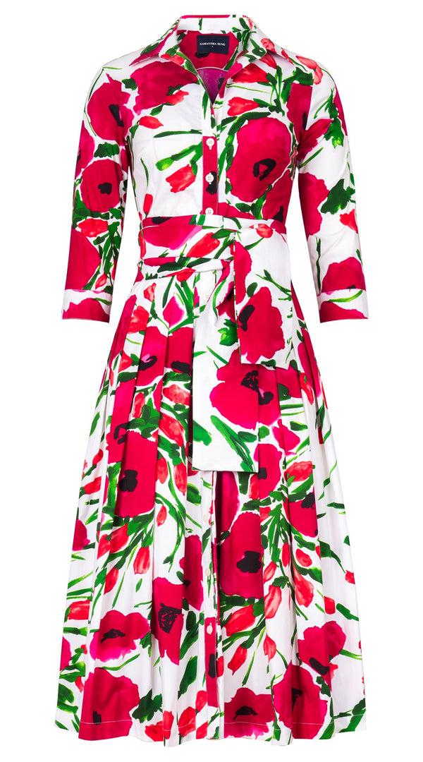 Samantha Sung Audrey Dress #2 Shirt Collar 3/4 Sleeve Midi Length Cotton Stretch (Fiori Poppy Big White)