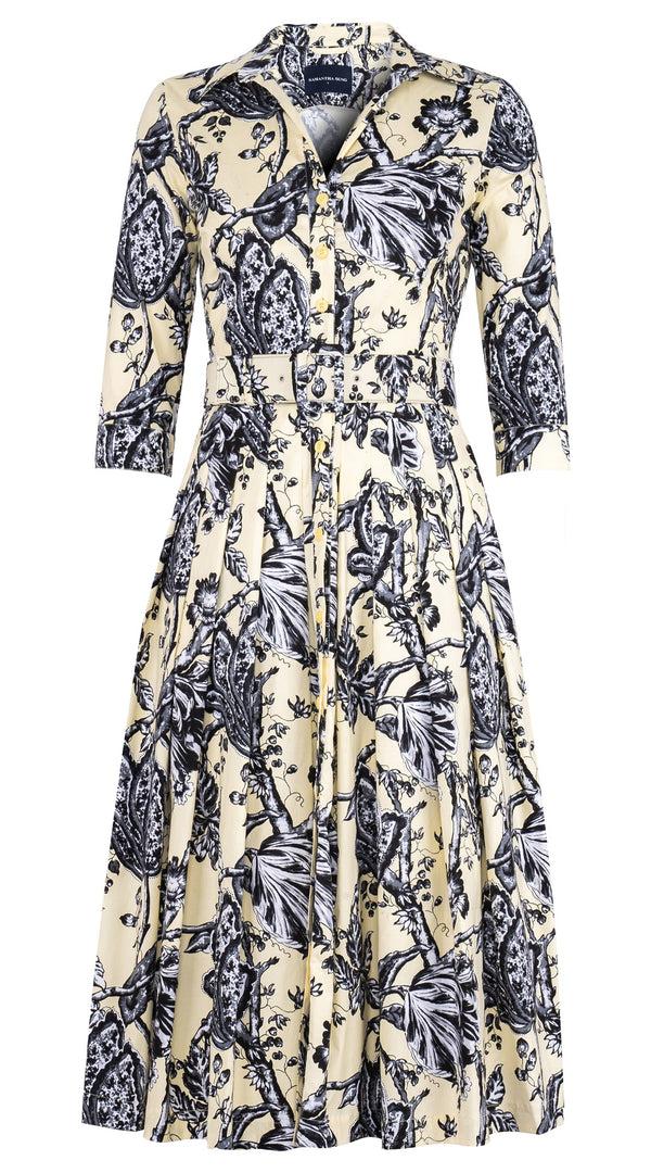 samantha sung Audrey Dress #2 Shirt Collar 3/4 Sleeve Midi Length Cotton Stretch (Lillie Toile Black)