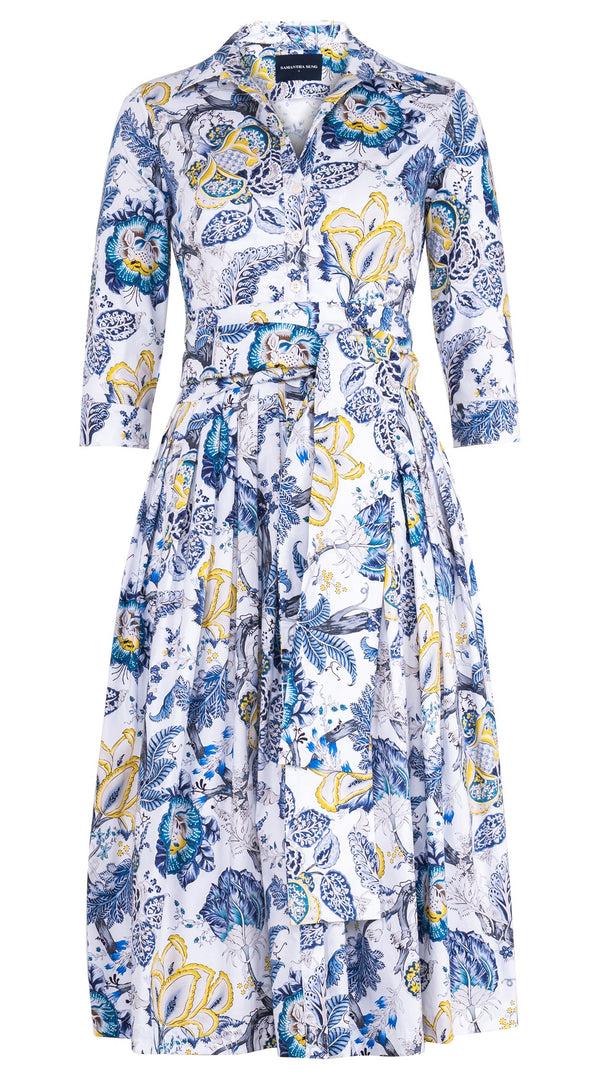 Samantha Sung Audrey Dress #2 Shirt Collar 3/4 Sleeve Midi Length Cotton Stretch (Darts Hill Garden)