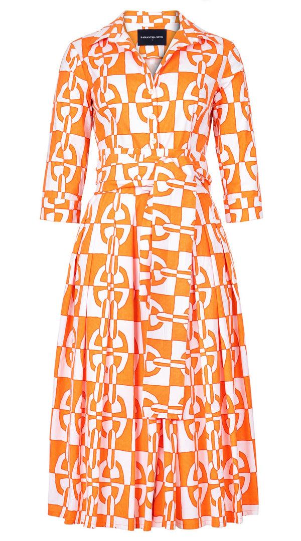 Samantha Sung Audrey Dress #2 Shirt Collar 3/4 Sleeve Midi Length Cotton Stretch (Geometric Chain)