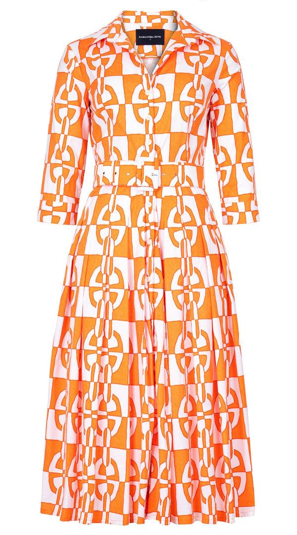 samantha sung Audrey Dress #2 Shirt Collar 3/4 Sleeve Midi Length Cotton Stretch (Geometric Chain)