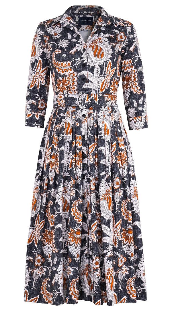 samantha sung Audrey Dress #2 Shirt Collar 3/4 Sleeve Midi Length Cotton Stretch (Botanic Antique Charcoal)