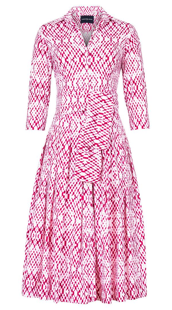 Samantha Sung Audrey Dress #2 Shirt Collar 3/4 Sleeve Midi Length Cotton Stretch (Shibori Nara Diamond)