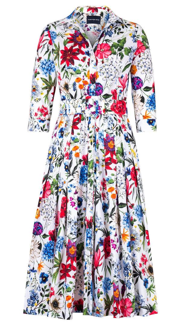 samantha sung Audrey Dress #2 Shirt Collar 3/4 Sleeve Midi Length Cotton Stretch (Multicolor Botanic Small)