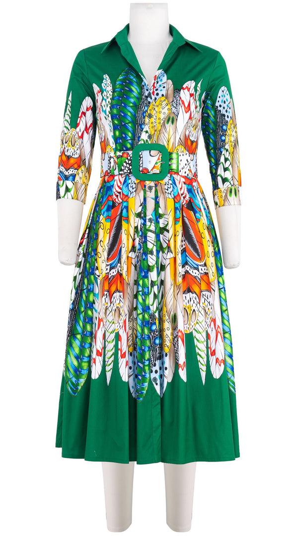 samantha sung Audrey Dress #2 Shirt Collar 3/4 Sleeve Midi Length Cotton Stretch (African Feather)
