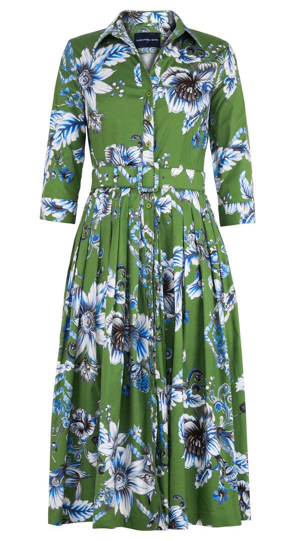 Samantha Sung Audrey Dress #2 Shirt Collar 3/4 Sleeve Midi Length Cotton Stretch (Flower Luxembrug Ivory)