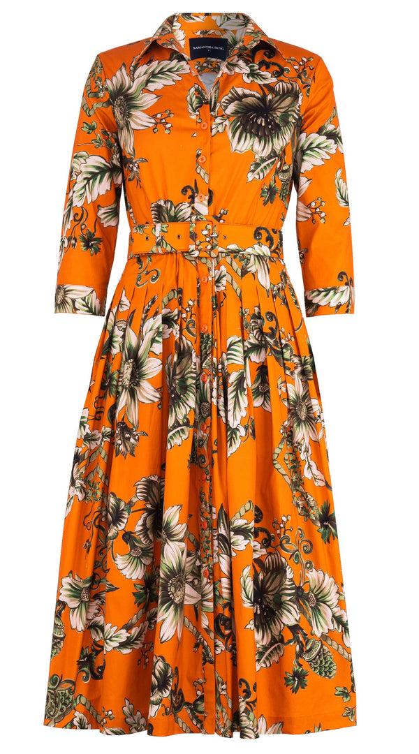 samantha sung Audrey Dress #2 Shirt Collar 3/4 Sleeve Midi Length Cotton Stretch (Flower Luxembrug Ivory)