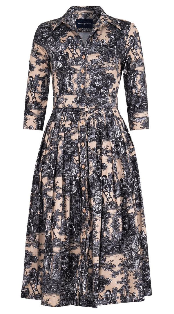 samantha sung Audrey Dress #2 Shirt Collar 3/4 Sleeve Midi Length Cotton Stretch (Antilles Toile Ground)