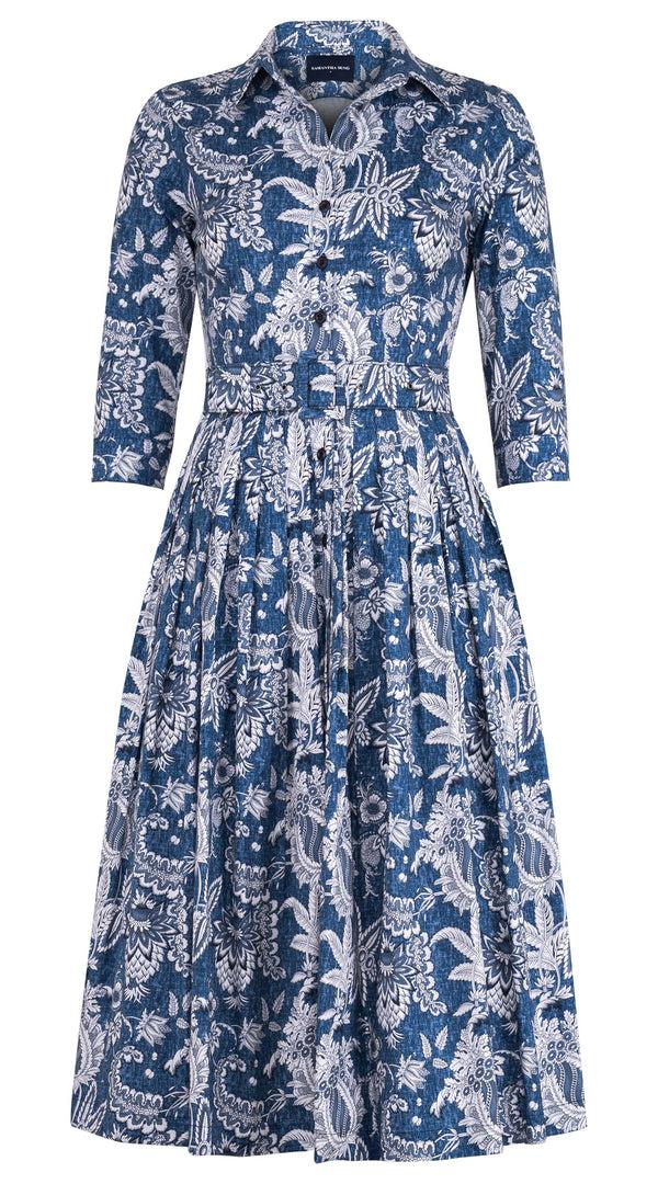 Samantha Sung Audrey Dress #2 Shirt Collar 3/4 Sleeve Midi Length Cotton Stretch (Botanic Antique Dark)