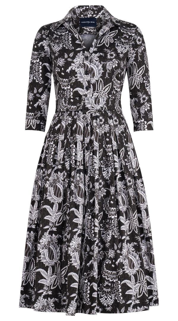 samantha sung Audrey Dress #2 Shirt Collar 3/4 Sleeve Midi Length Cotton Stretch (Botanic Antique Dark)