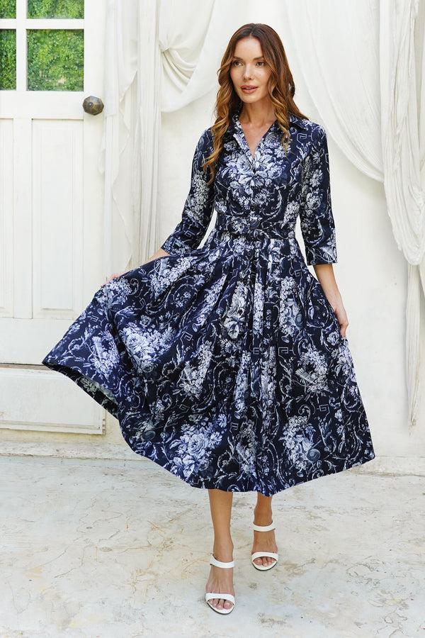 samantha sung Audrey Dress #2 Shirt Collar 3/4 Sleeve Midi Length Cotton Stretch (Villa Carlotta Bright)