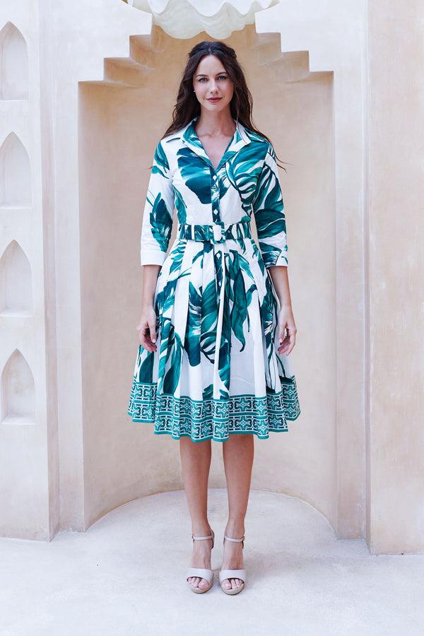 samantha sung Audrey Dress #2 Shirt Collar 3/4 Sleeve Regular +3 Length Cotton Stretch (Foxtail Palm)