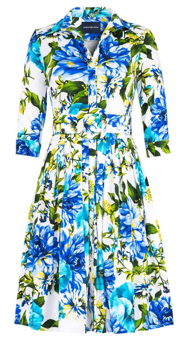 samantha sung Audrey Dress #2 Shirt Collar 3/4 Sleeve Regular Length Cotton Stretch (Los Cabos Flower White)