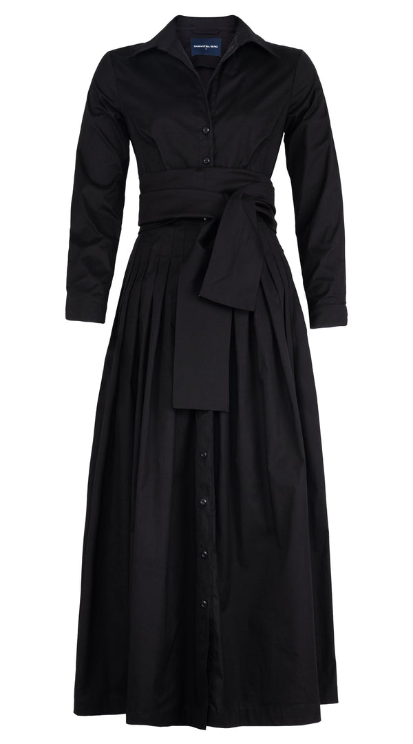 Samantha Sung Audrey Dress #2 Shirt Collar Long Sleeve Tea Length Cotton Stretch (Solid)