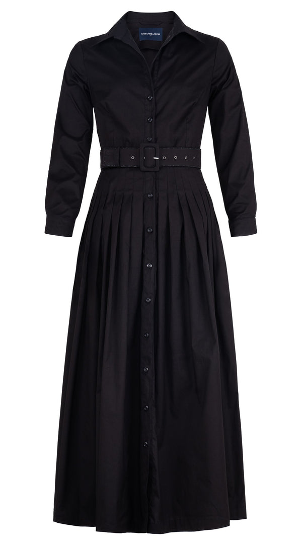 samantha sung Audrey Dress #2 Shirt Collar Long Sleeve Tea Length Cotton Stretch (Solid)