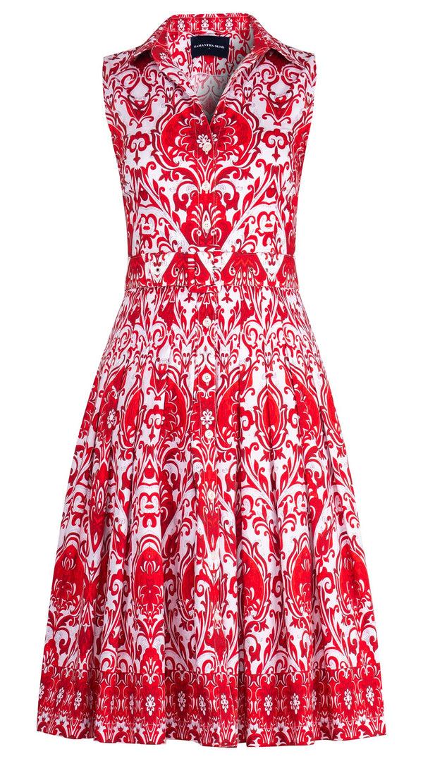 samantha sung Audrey Dress #2 Shirt Collar Sleeveless Long Length Cotton Stretch (Mill Creek Paisley White Bright)